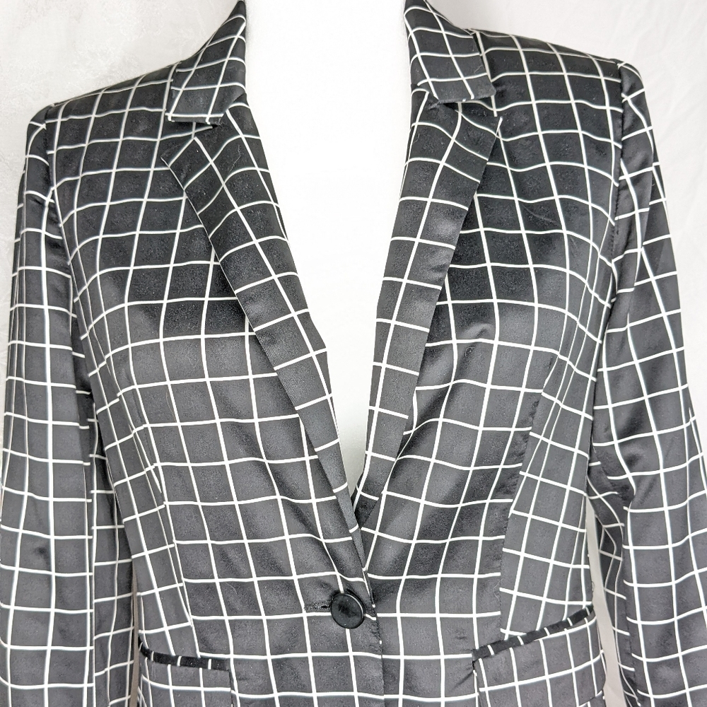 ☀️Forever 21 plaid blazer jacket Small black White checks geometric - Picture 2 of 16